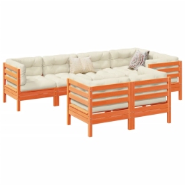 Set de sofás jardín 7 pzas con cojines madera pino marrón cera