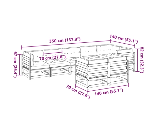 Set de sofás jardín 8 pzas con cojines madera pino marrón cera