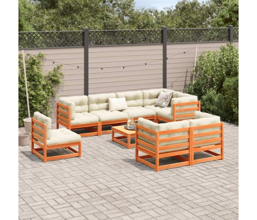 Set de sofás jardín 9 pzas con cojines madera pino marrón cera