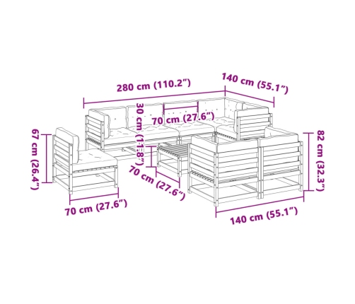 Set de sofás jardín 9 pzas con cojines madera pino marrón cera