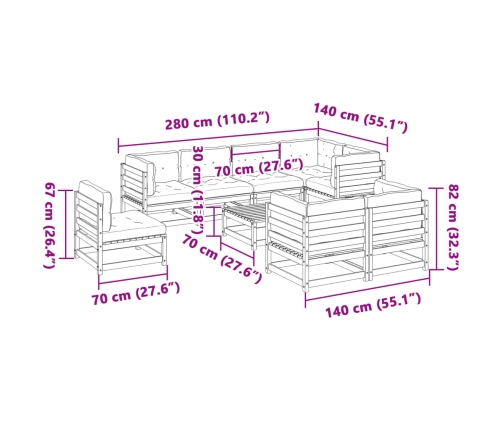 Set de sofás jardín 9 pzas con cojines madera de abeto Douglas