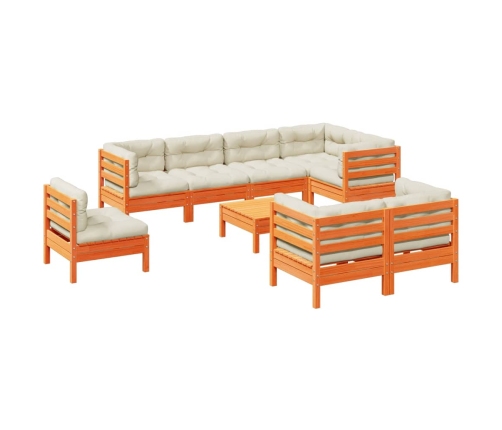 Set de sofás jardín 9 pzas con cojines madera pino marrón cera