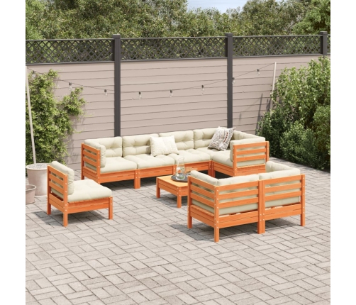 Set de sofás jardín 9 pzas con cojines madera pino marrón cera