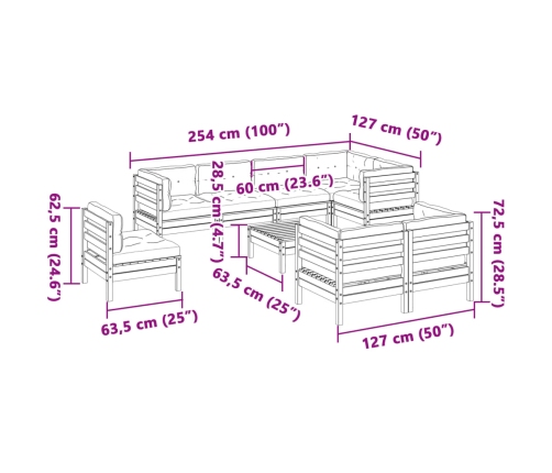 Set de sofás jardín 9 pzas con cojines madera pino marrón cera