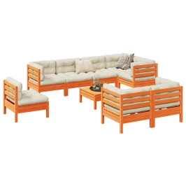 Set de sofás jardín 9 pzas con cojines madera pino marrón cera