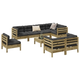 Set de sofás jardín 9 pzas con cojines madera pino impregnada