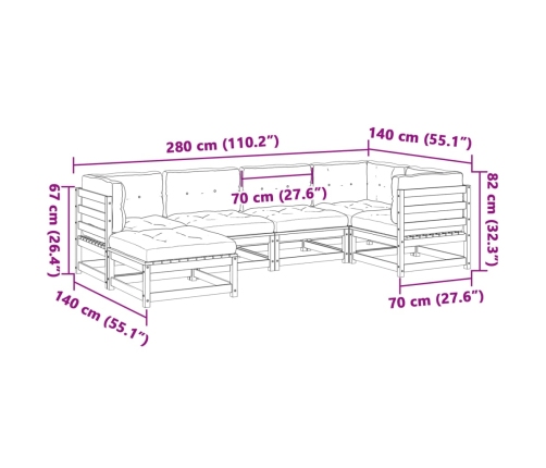 Set de sofás jardín 6 pzas con cojines madera pino marrón cera