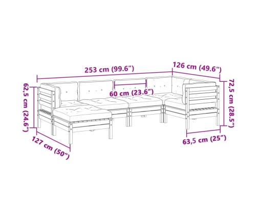 Set de sofás jardín 6 pzas con cojines madera pino marrón cera