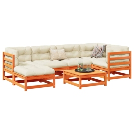 Set de sofás jardín 7 pzas con cojines madera pino marrón cera