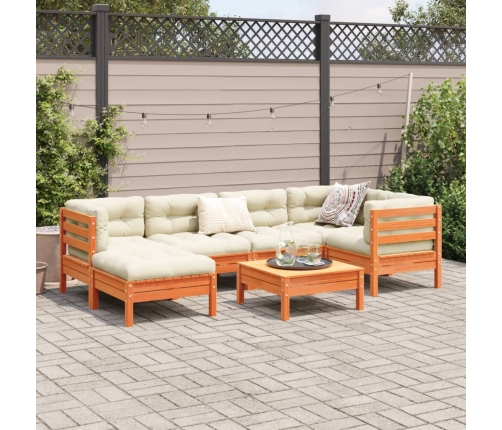 Set de sofás jardín 7 pzas con cojines madera pino marrón cera