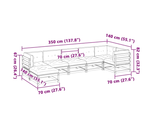 Set de sofás jardín 7 pzas con cojines madera pino marrón cera