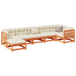 Set de sofás jardín 7 pzas con cojines madera pino marrón cera