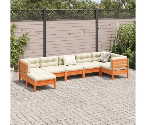 Set de sofás jardín 7 pzas con cojines madera pino marrón cera