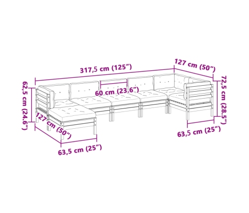 Set de sofás jardín 7 pzas con cojines madera pino marrón cera