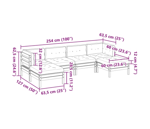 Set de sofás jardín 6 pzas con cojines madera pino marrón cera