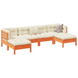 Set de sofás jardín 6 pzas con cojines madera pino marrón cera