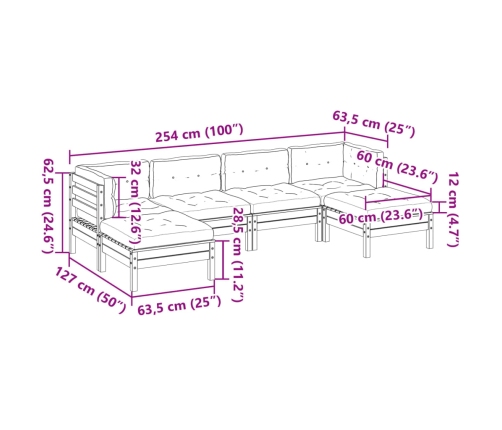 Set de sofás jardín 6 pzas con cojines madera abeto Douglas