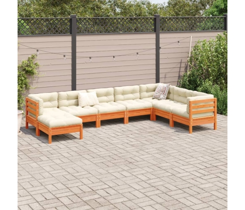 Set de sofás jardín 8 pzas con cojines madera pino marrón cera