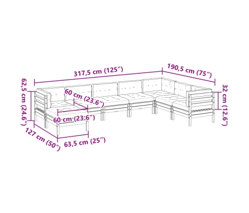 Set de sofás jardín 8 pzas con cojines madera pino marrón cera