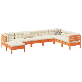 Set de sofás jardín 8 pzas con cojines madera pino marrón cera