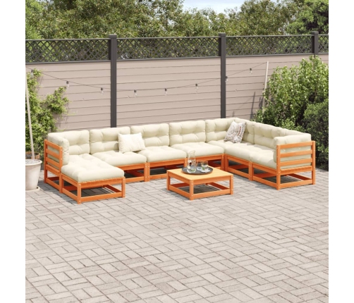 Set de sofás jardín 9 pzas con cojines madera pino marrón cera