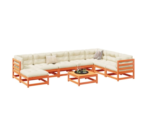 Set de sofás jardín 9 pzas con cojines madera pino marrón cera