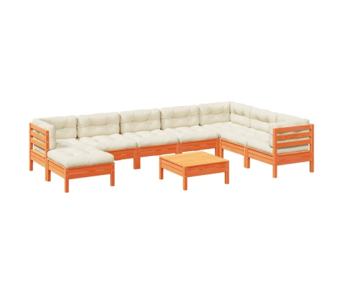 Set de sofás jardín 9 pzas con cojines madera pino marrón cera