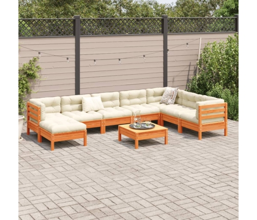 Set de sofás jardín 9 pzas con cojines madera pino marrón cera