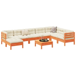 Set de sofás jardín 9 pzas con cojines madera pino marrón cera