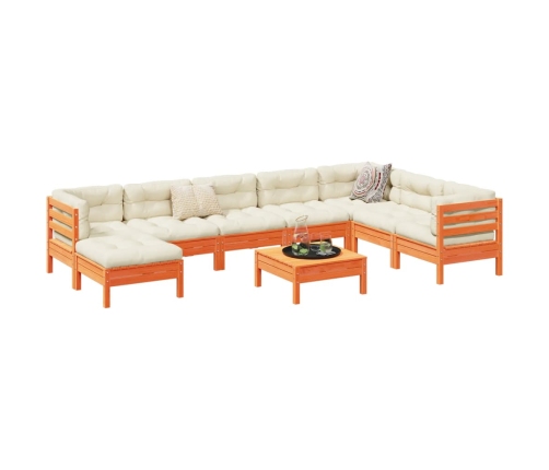 Set de sofás jardín 9 pzas con cojines madera pino marrón cera