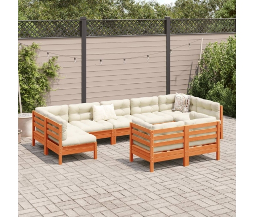 Set de sofás jardín 9 pzas con cojines madera pino marrón cera