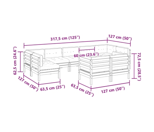 Set de sofás jardín 9 pzas con cojines madera pino marrón cera