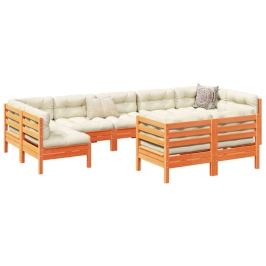 Set de sofás jardín 9 pzas con cojines madera pino marrón cera