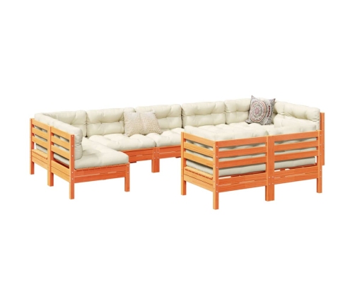 Set de sofás jardín 9 pzas con cojines madera pino marrón cera