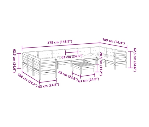 Set de sofás jardín 11 pzas con cojines madera de abeto Douglas