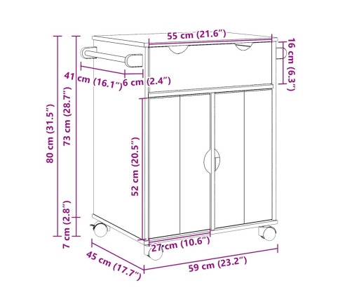 Carrito de cocina OTTA madera maciza de pino 59x45x80 cm