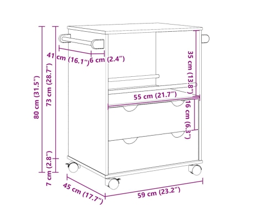 Carrito de cocina OTTA madera maciza de pino 59x45x80 cm