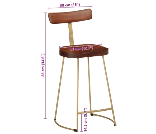 Taburetes de barra 2 uds 49x43x88 cm madera maciza de mango