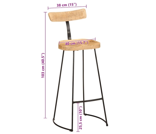 Taburetes de barra 2 uds 49x43x103 cm madera maciza de mango