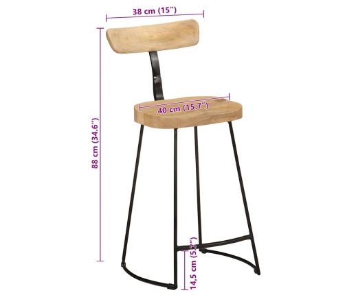 Taburetes de barra 2 uds 49x43x88 cm madera maciza de mango