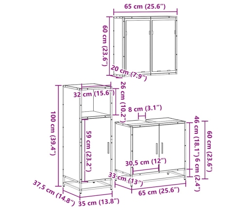 Set de muebles de baño 3 pzas madera contrachapada roble Sonoma