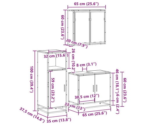 Set de muebles baño 3 pzas madera contrachapada roble ahumado