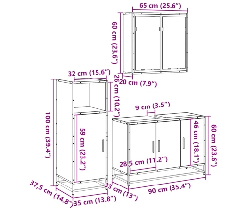 Juego de muebles de baño 3 pzas madera contrachapada negro