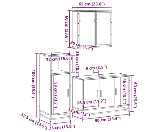 Set de muebles de baño 3 pzas madera contrachapada roble Sonoma