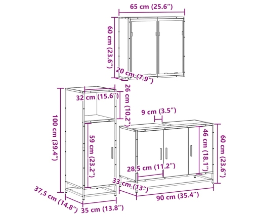 Set de muebles baño 3 pzas madera contrachapada roble ahumado