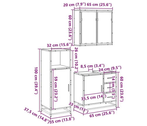 Juego de muebles de baño 3 pzas madera contrachapada negro