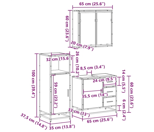 Set de muebles de baño 3 pzas madera contrachapada roble Sonoma