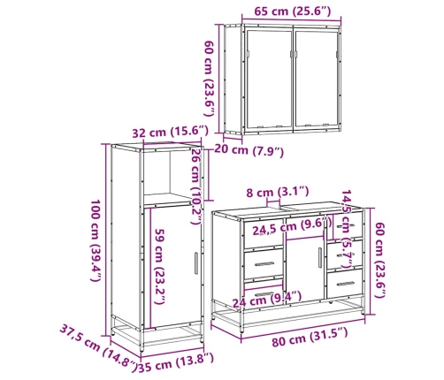 Juego de muebles de baño 3 pzas madera contrachapada negro