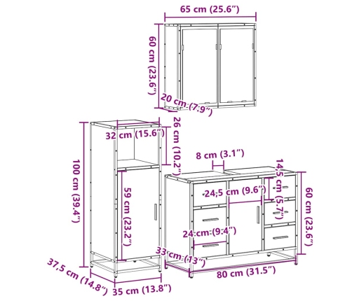 Set de muebles de baño 3 pzas madera contrachapada roble Sonoma