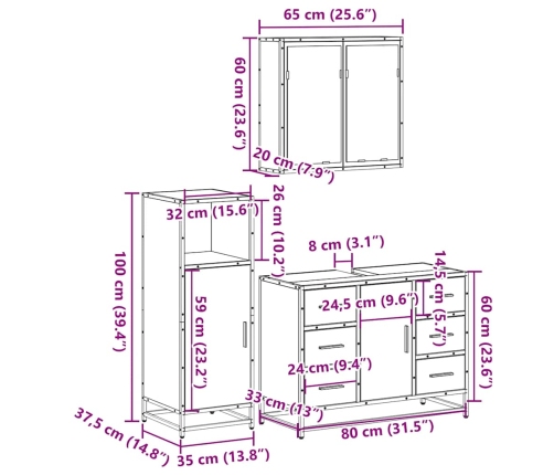 Set de muebles baño 3 pzas madera contrachapada roble ahumado